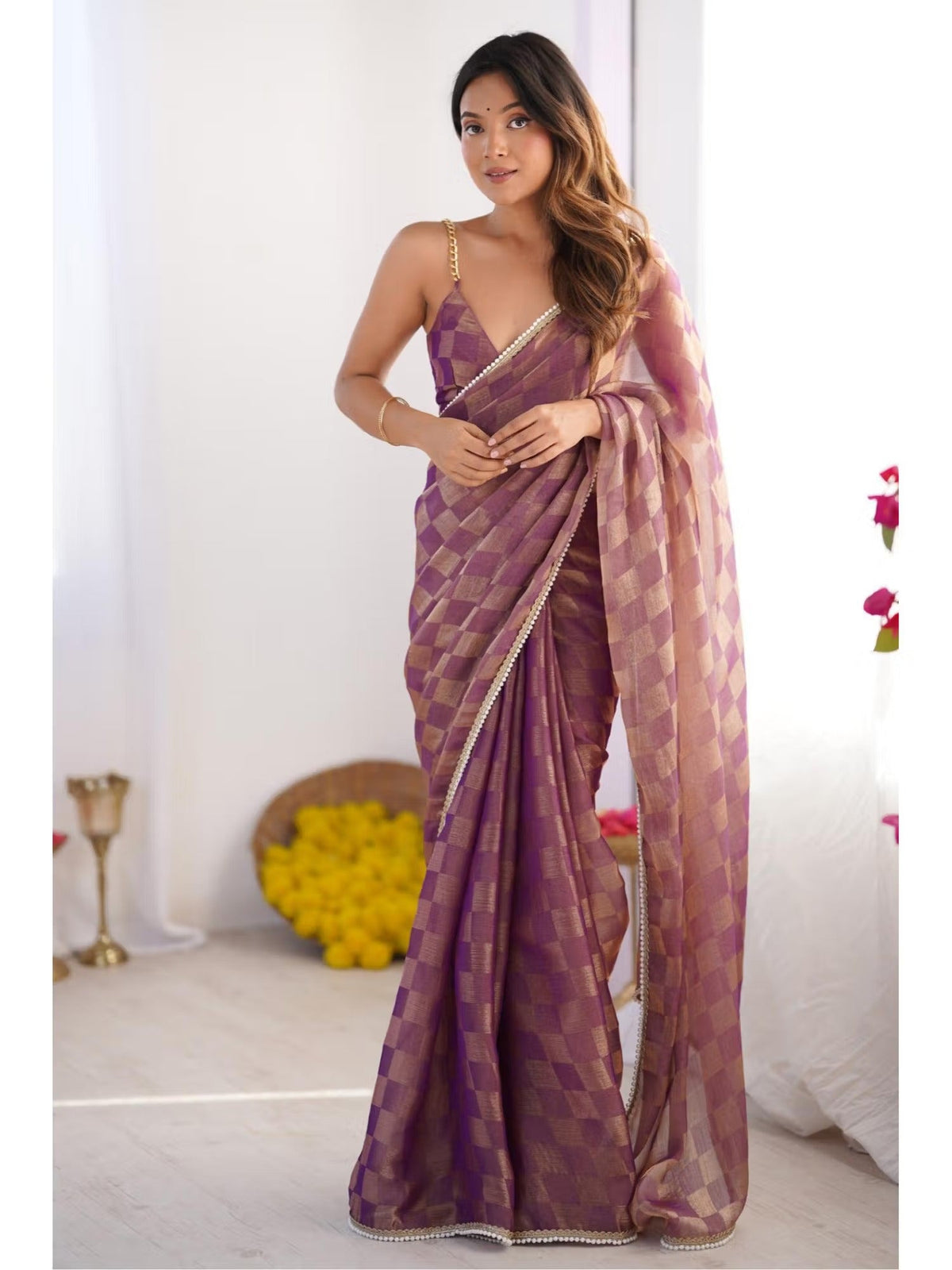 Purple Box Chiffon saree with Moti lace border and matching blouse piece