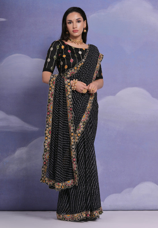 Women's Black Georgette Saree with Coding Sequence Work and Blouse