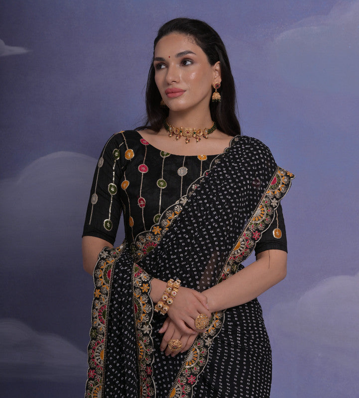 Women's Black Georgette Saree with Coding Sequence Work and Blouse