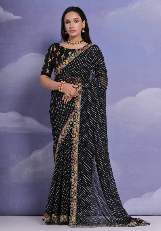 Black georgette saree with multi-dhaga coding sequence embroidery for festivals and weddings
