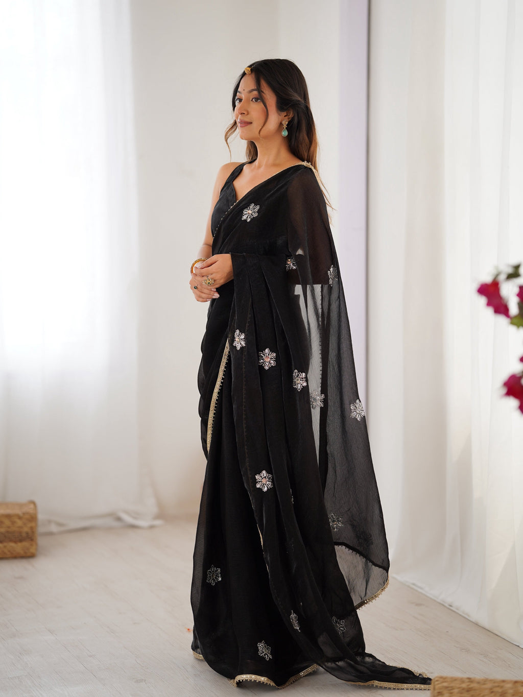 Black Soft Fendy Embroidered Designer Saree with Moti & Sequins