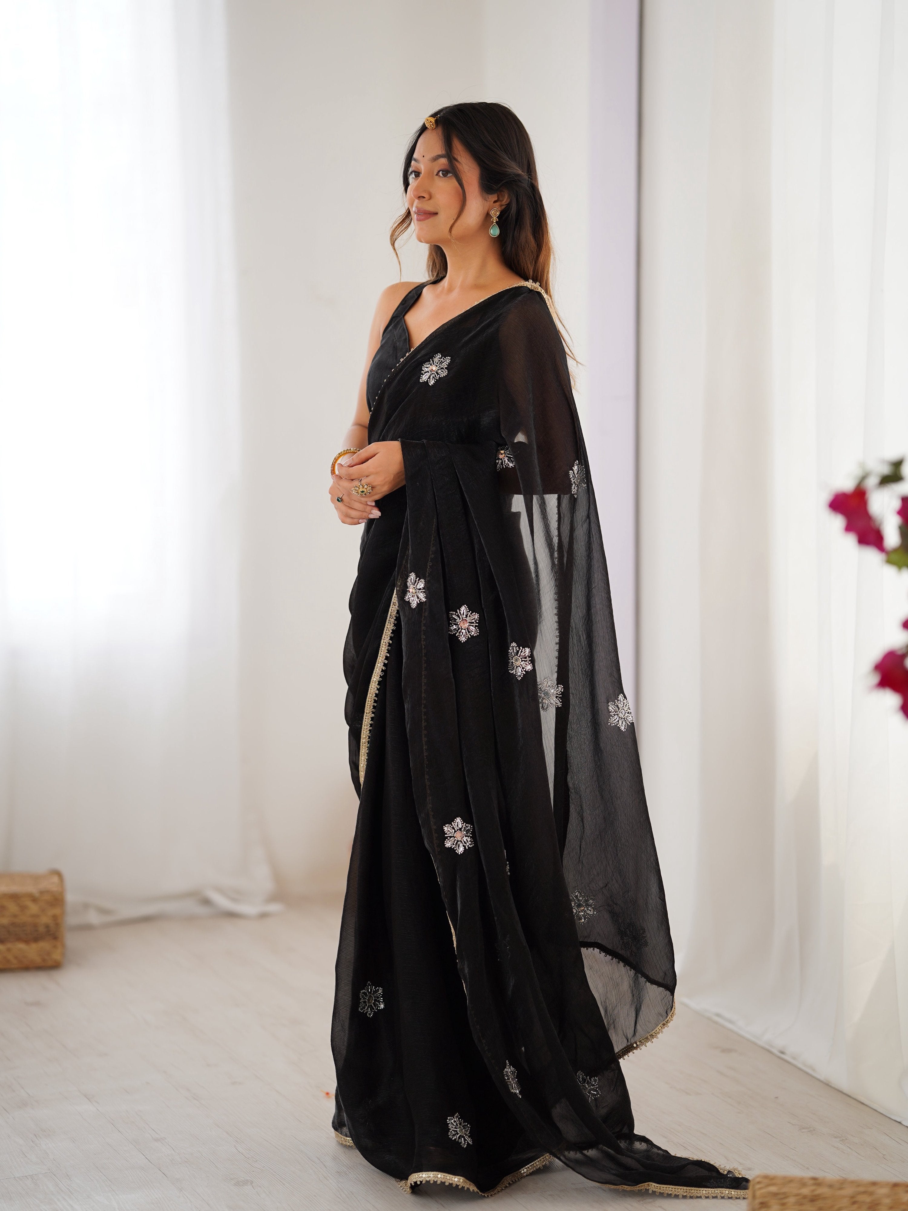 Black Soft Fendy Embroidered Designer Saree with Moti & Sequins