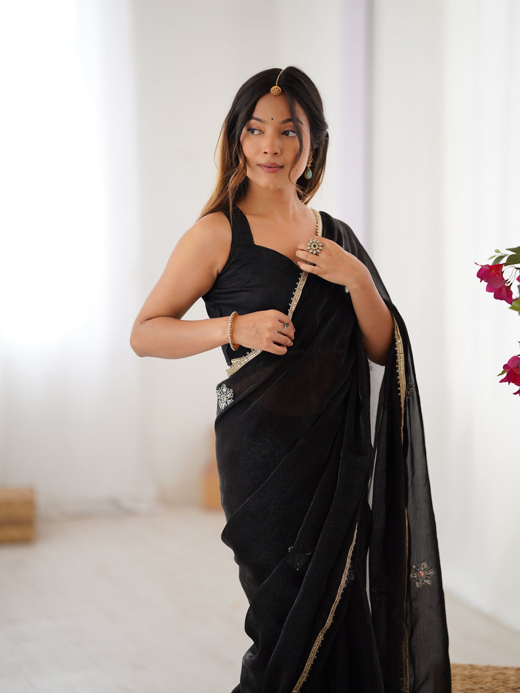 Black Soft Fendy Embroidered Designer Saree with Moti & Sequins