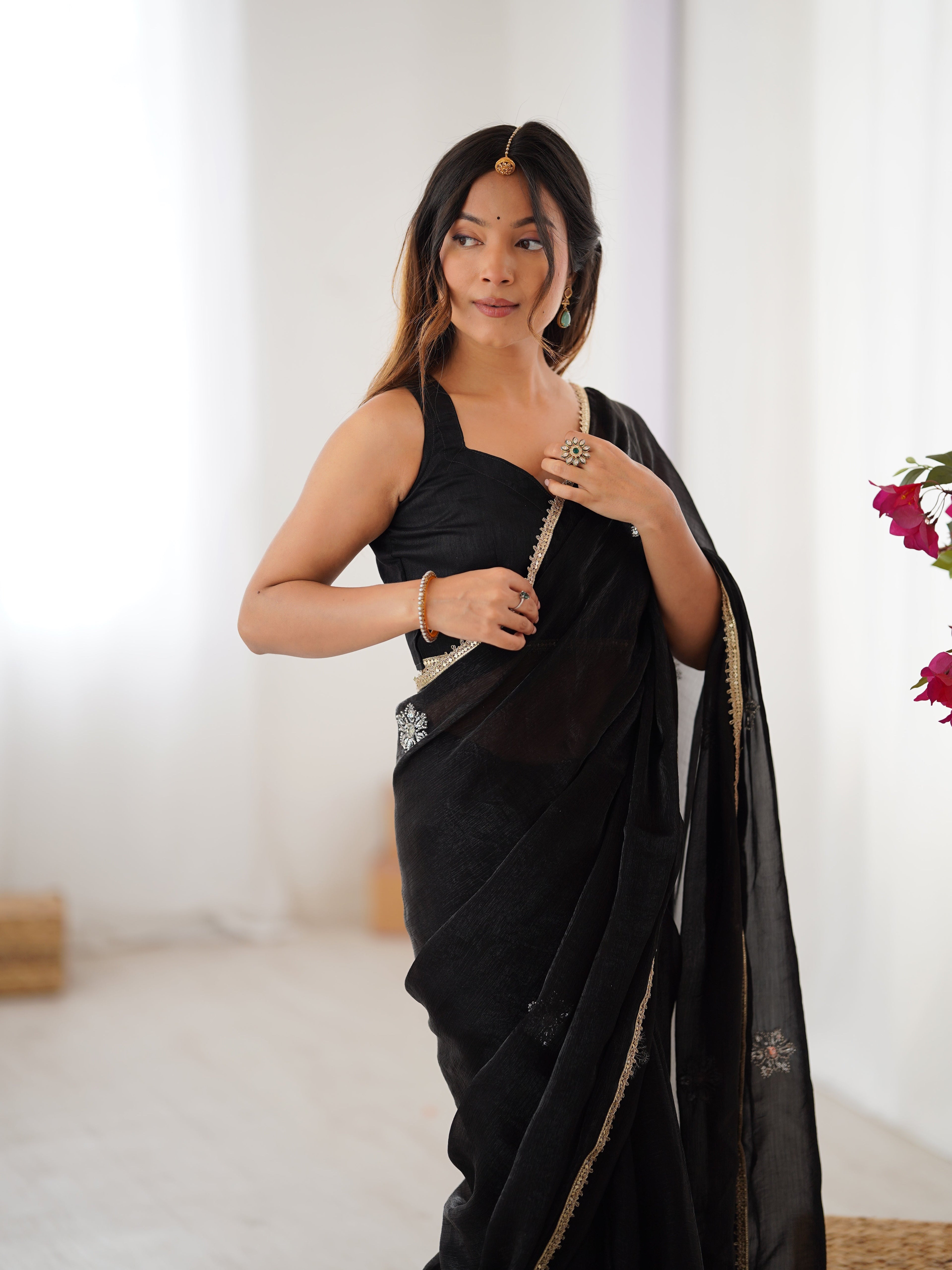 Black Soft Fendy Embroidered Designer Saree with Moti & Sequins