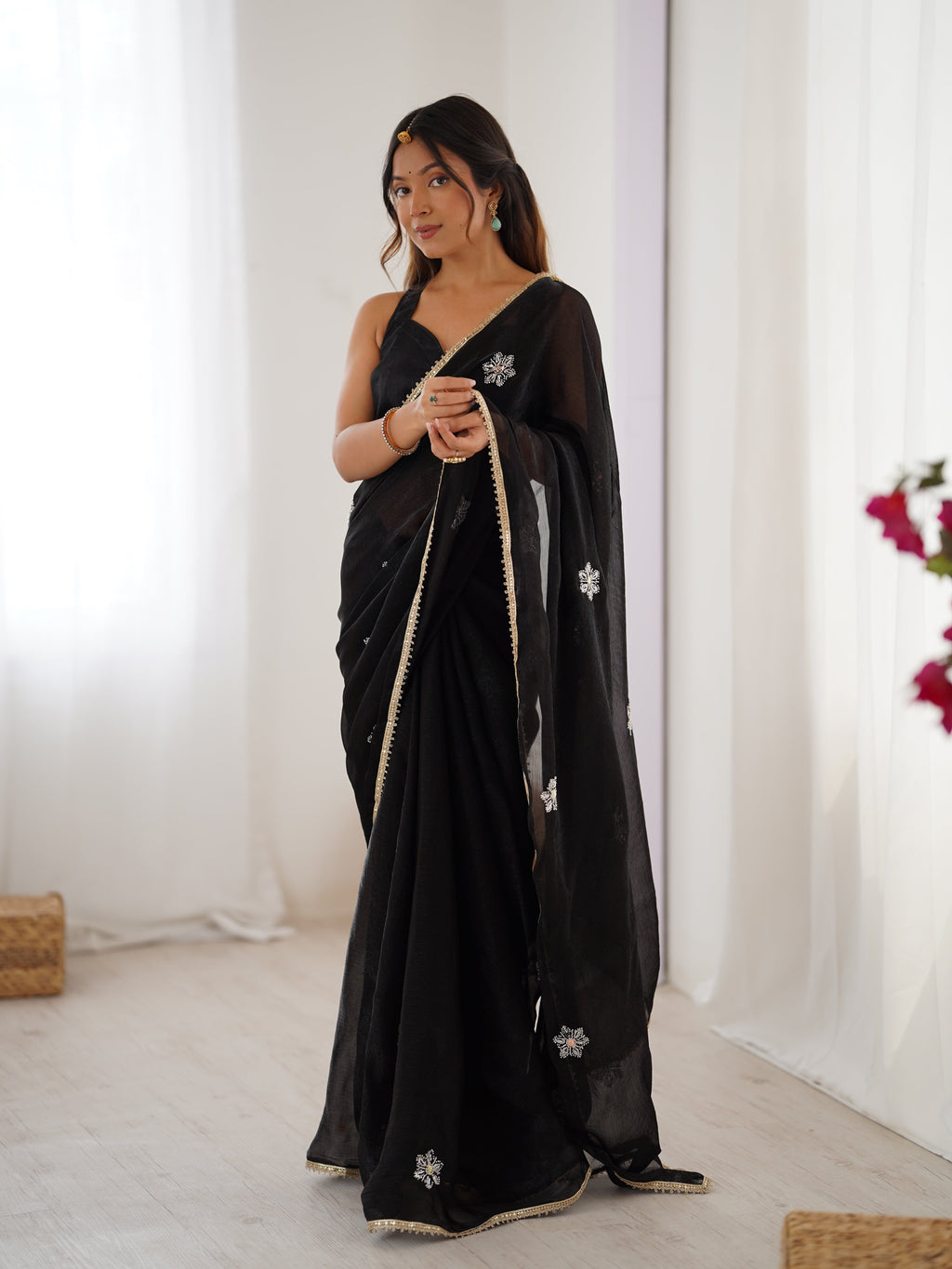 Black Soft Fendy Embroidered Designer Saree with Moti & Sequins