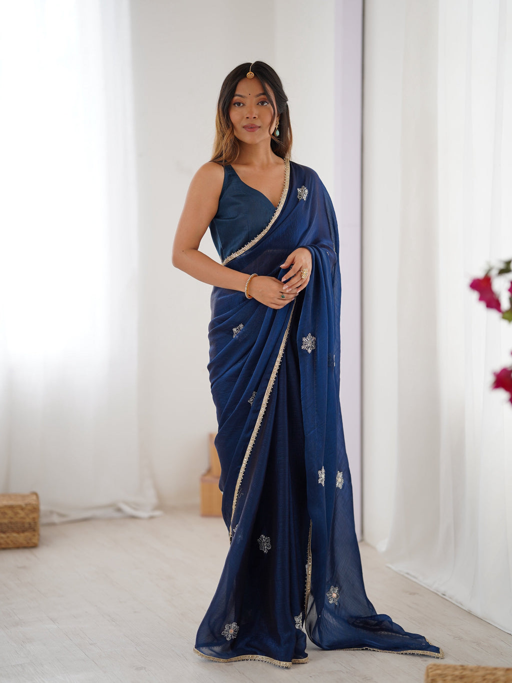 Navy Blue Soft Fendy Embroidered Designer Saree with Sequins