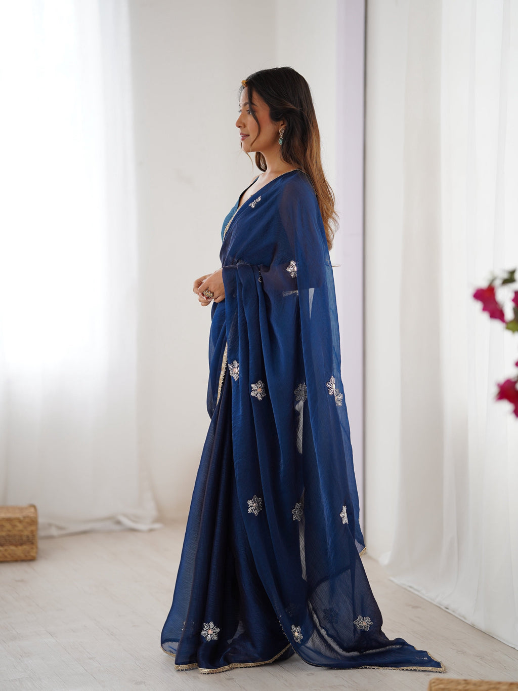 Navy Blue Soft Fendy Embroidered Designer Saree with Sequins