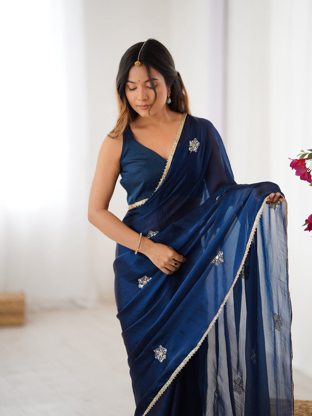Navy Blue Soft Fendy Embroidered Designer Saree with Sequins