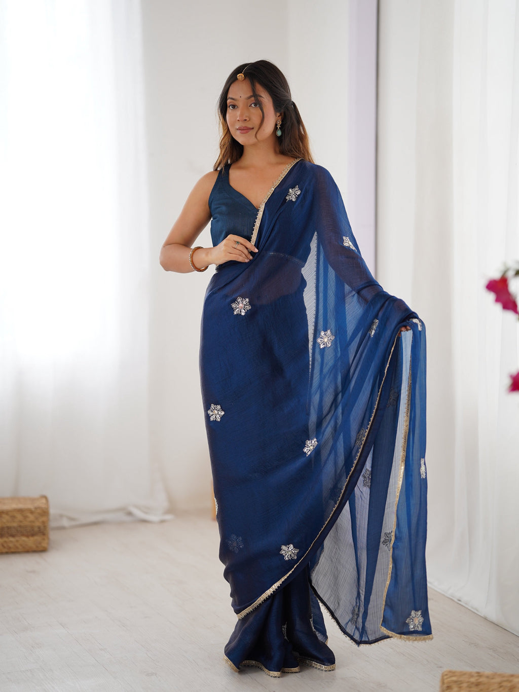 Navy blue Soft Fendy designer saree with intricate sequins and Moti embroidery