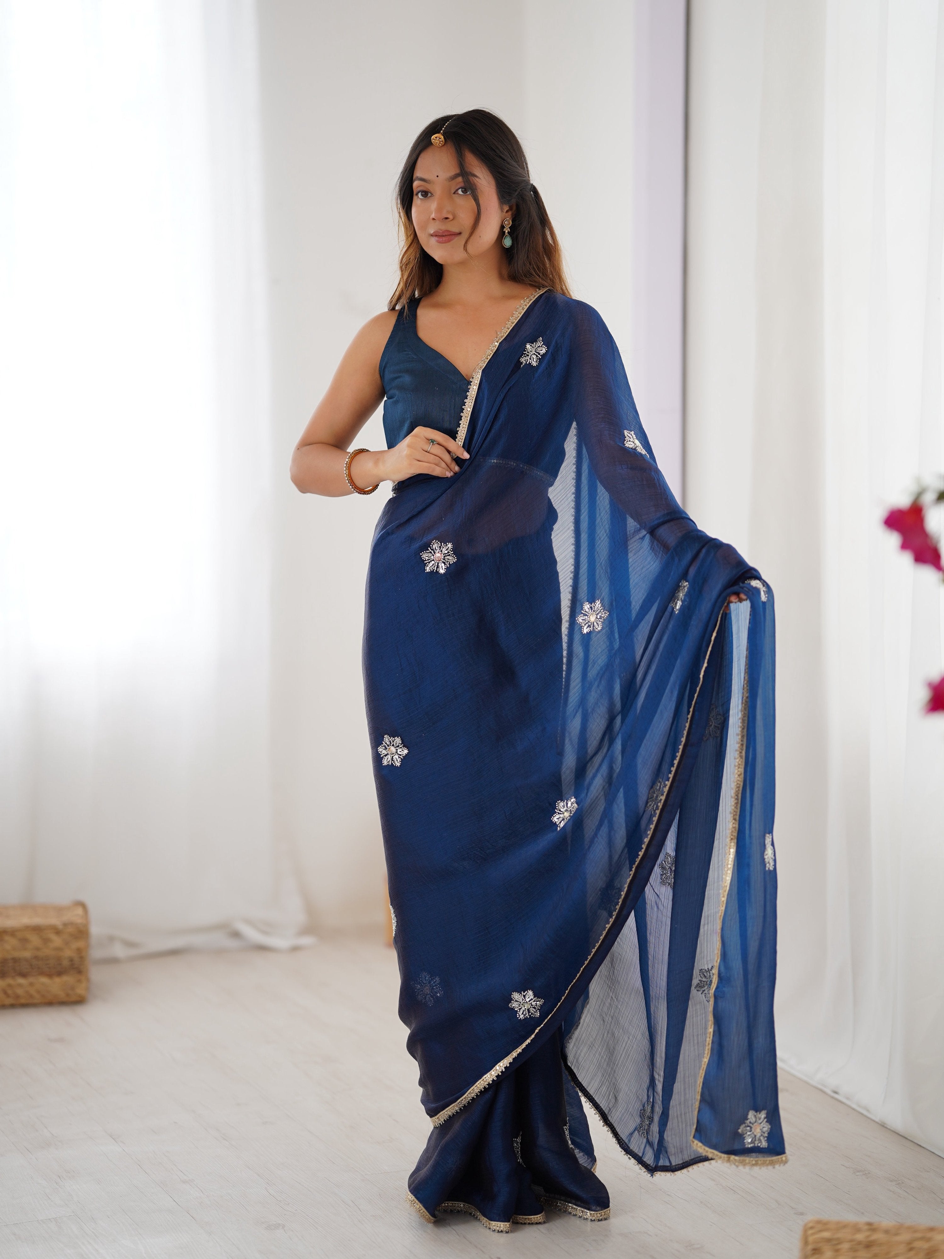 Navy blue Soft Fendy designer saree with intricate sequins and Moti embroidery