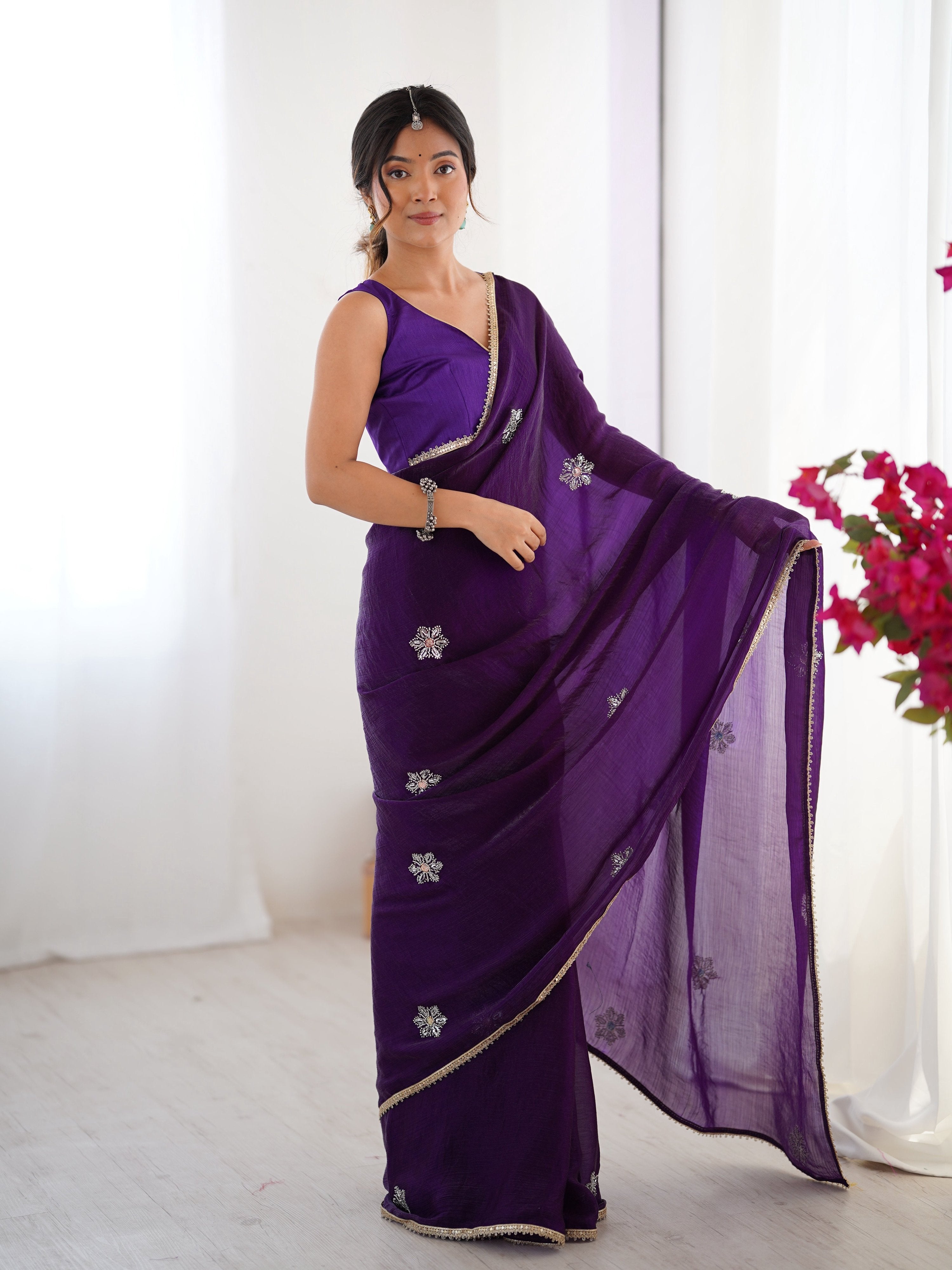 Purple Soft Fendy Designer Saree with Moti & Sequins Embroidery