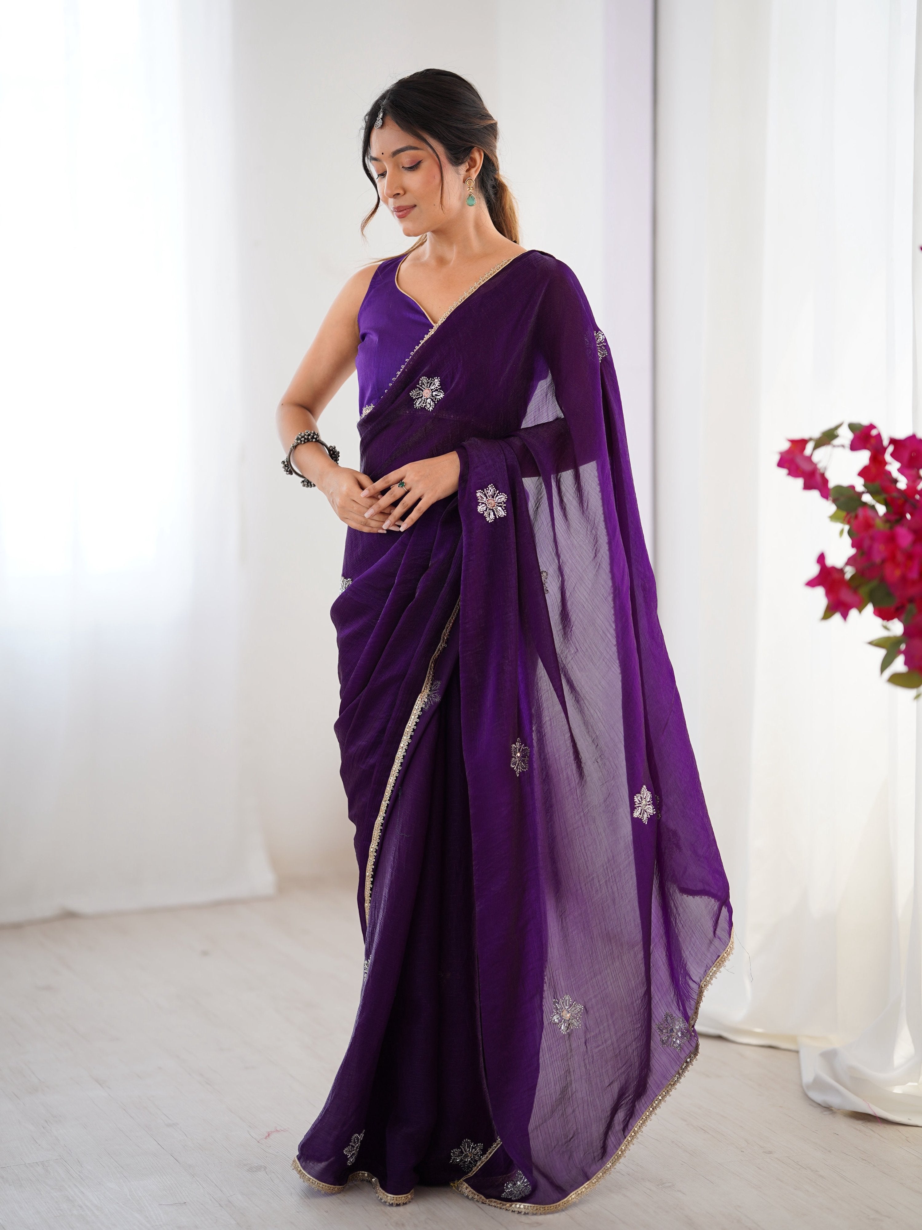 Purple Soft Fendy Designer Saree with Moti & Sequins Embroidery