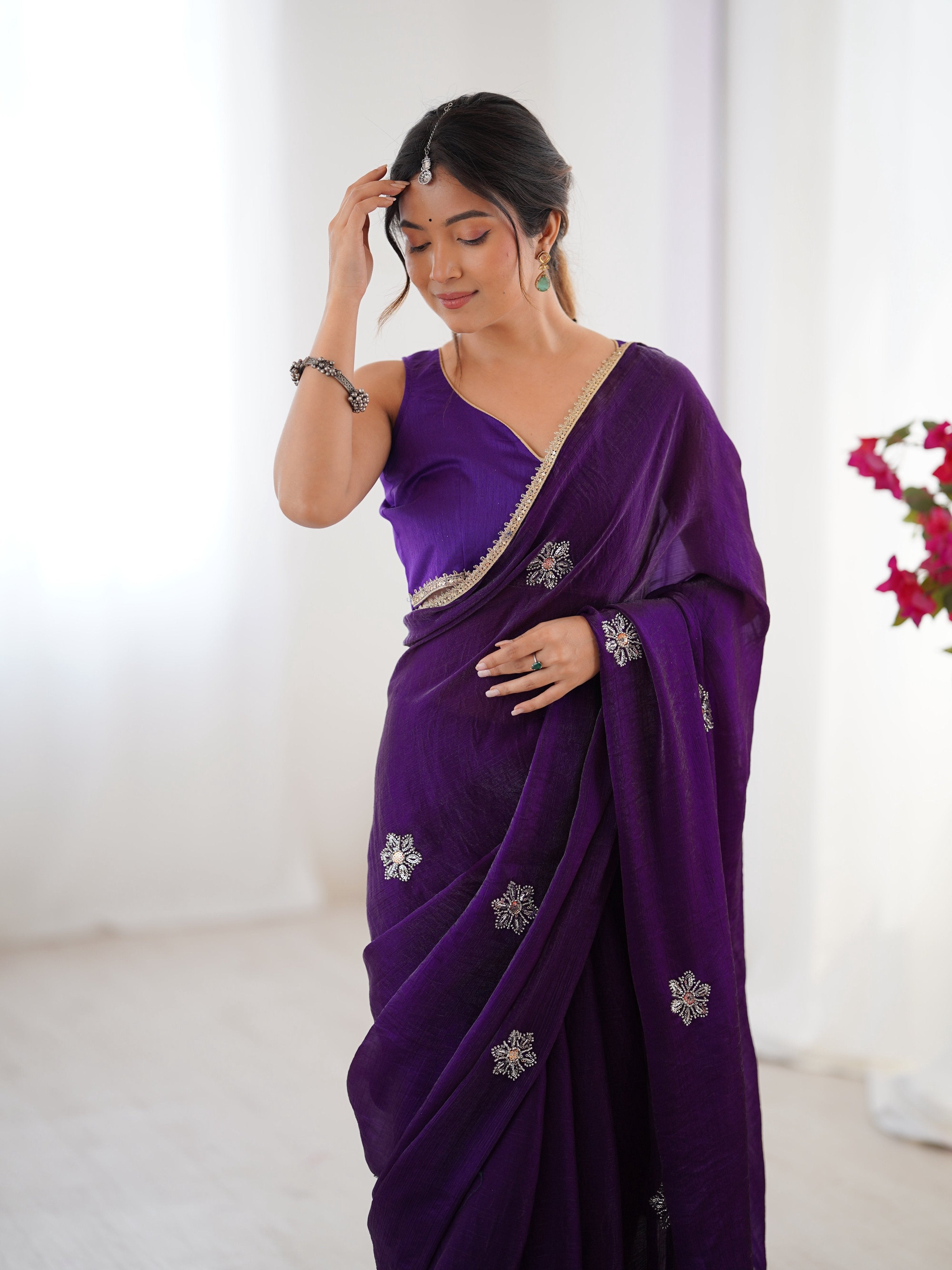 Purple Soft Fendy Designer Saree with Moti & Sequins Embroidery