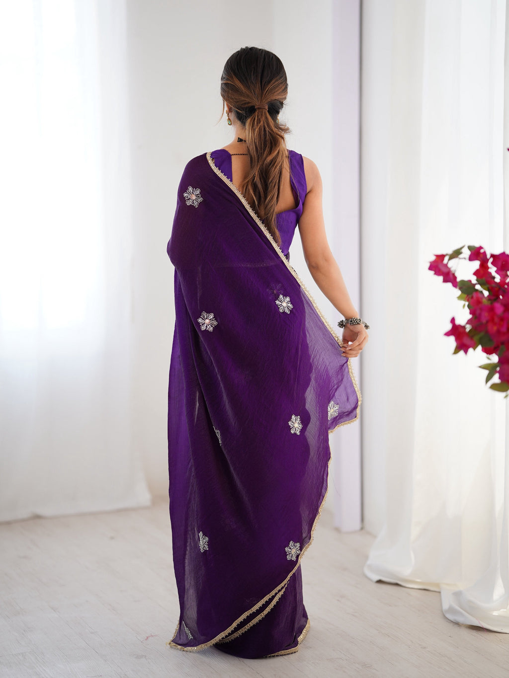 Purple Soft Fendy Designer Saree with Moti & Sequins Embroidery