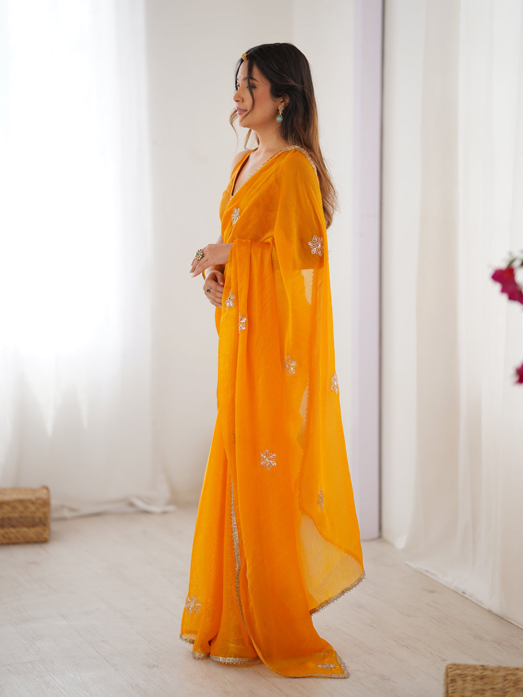 Yellow Soft Fendy Designer Saree with Moti & Sequins Embroidery