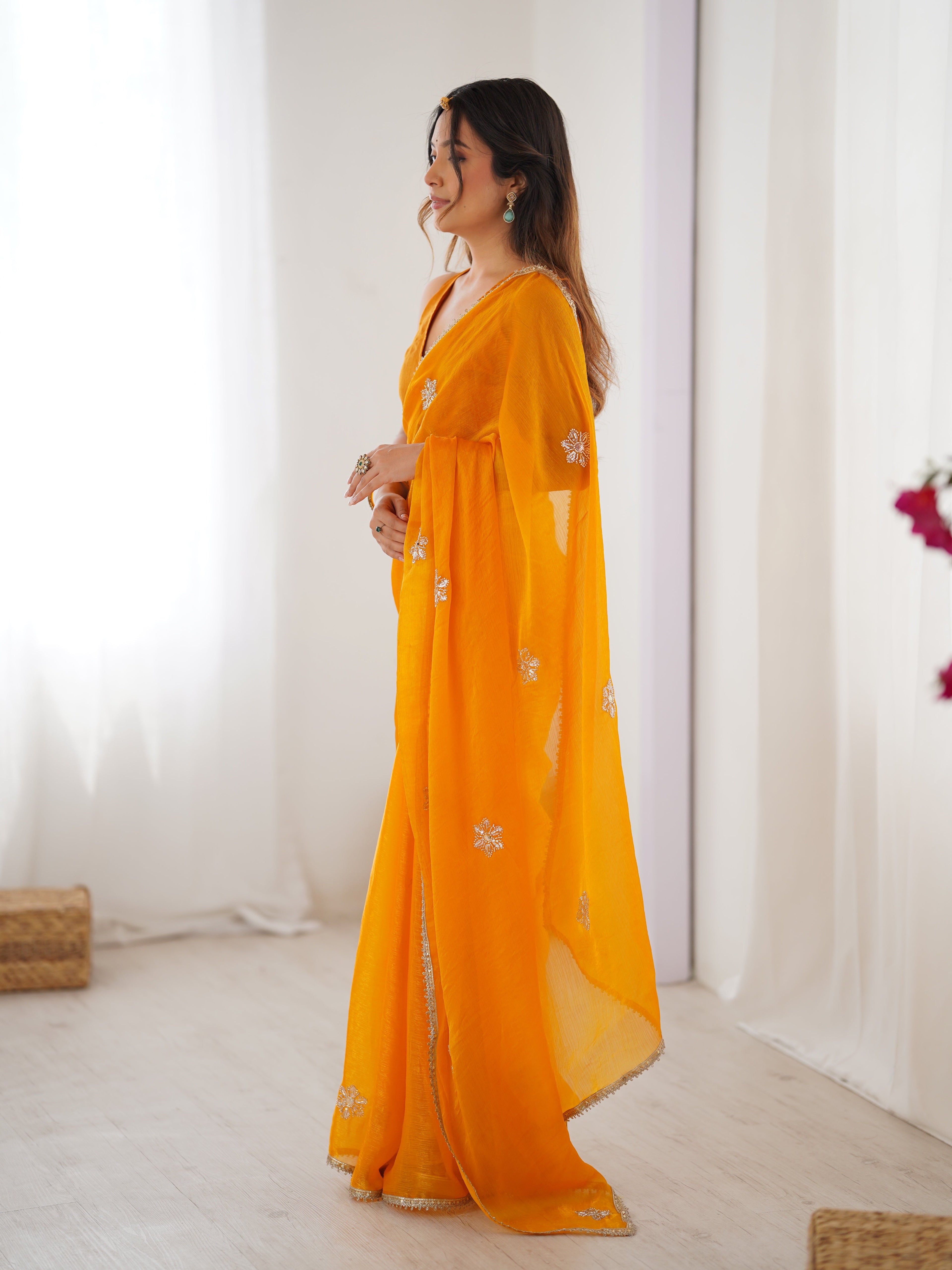 Yellow Soft Fendy Designer Saree with Moti & Sequins Embroidery