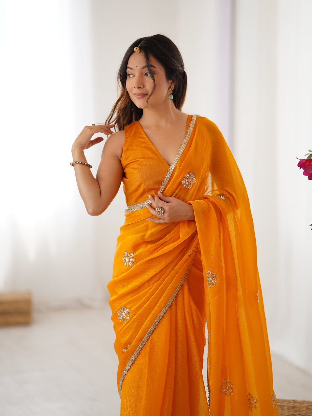 Yellow Soft Fendy Designer Saree with Moti & Sequins Embroidery