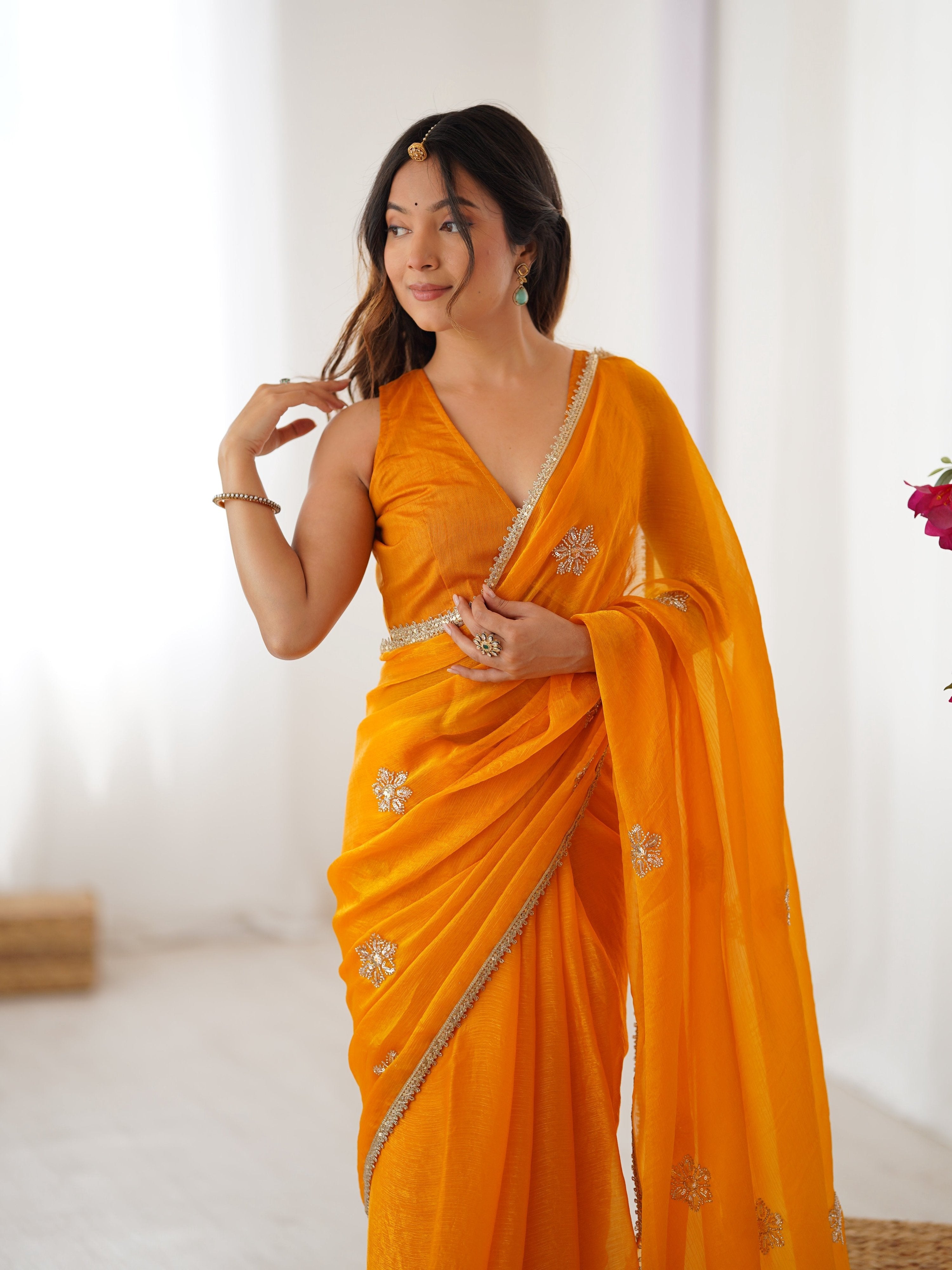 Yellow Soft Fendy Designer Saree with Moti & Sequins Embroidery