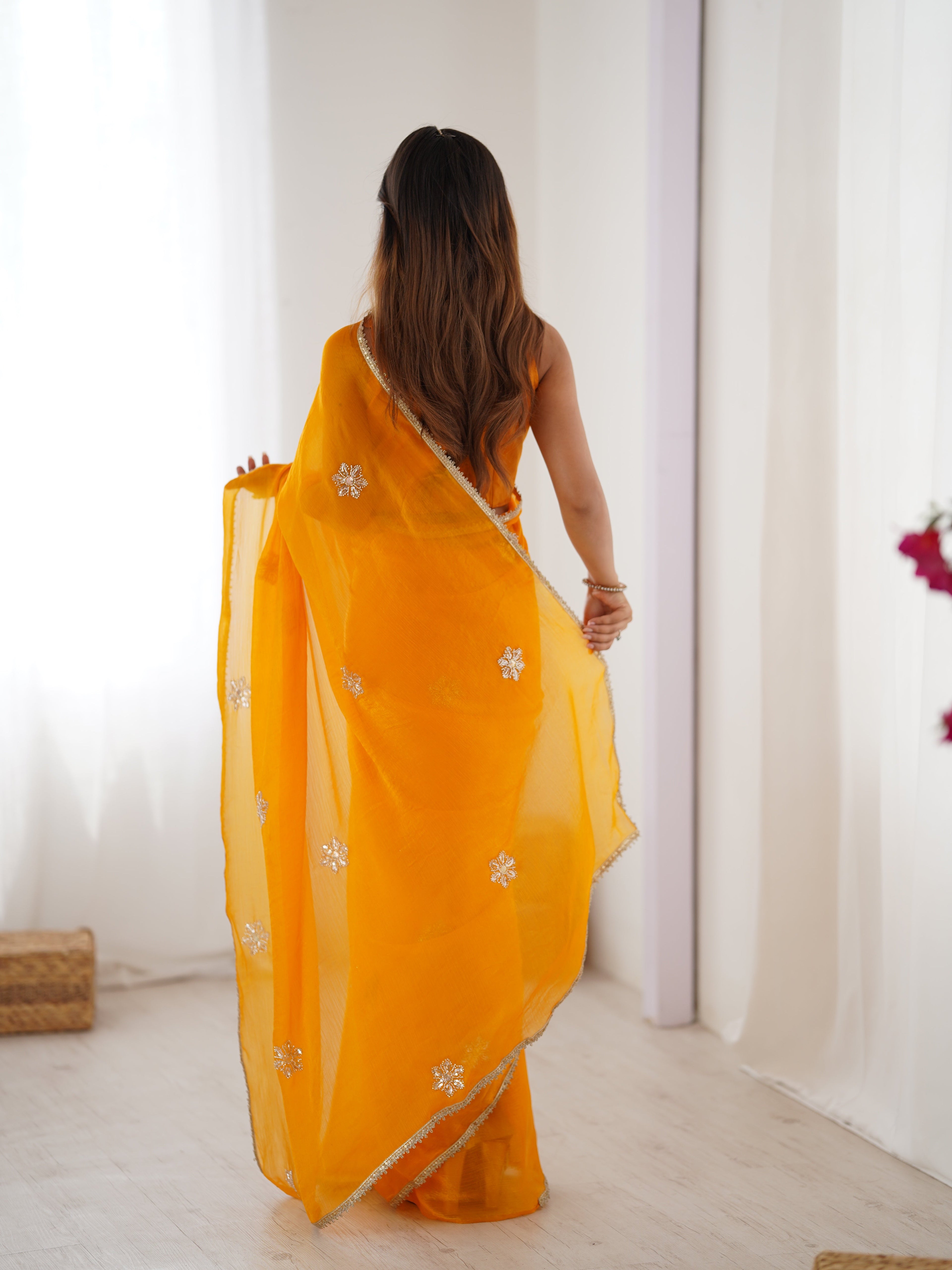 Yellow Soft Fendy Designer Saree with Moti & Sequins Embroidery