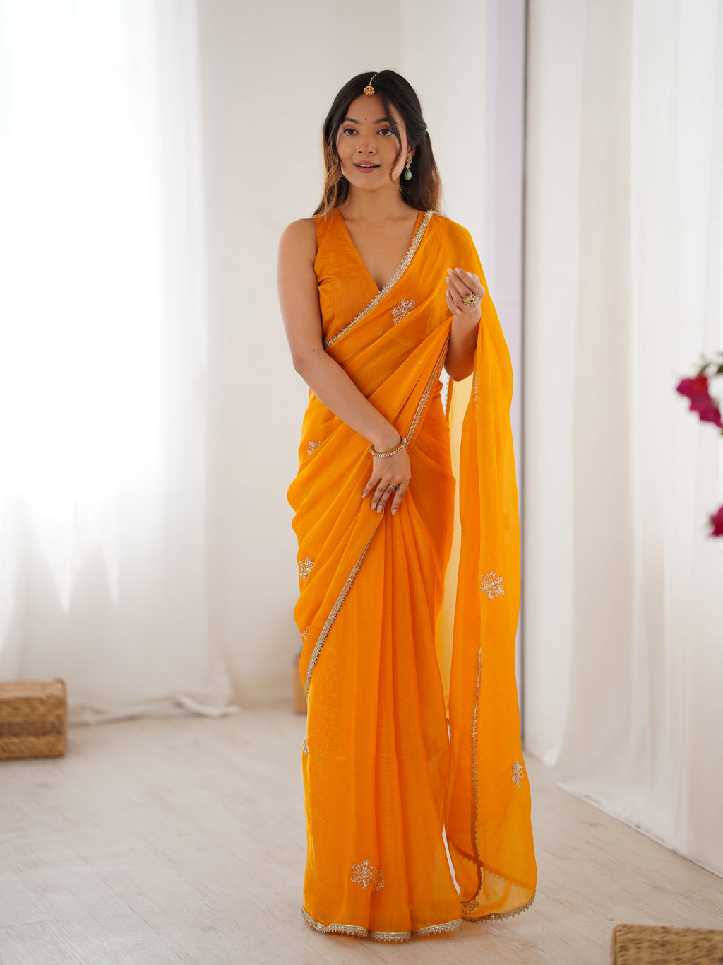 Vibrant yellow Soft Fendy saree with Moti and sequins embroidery