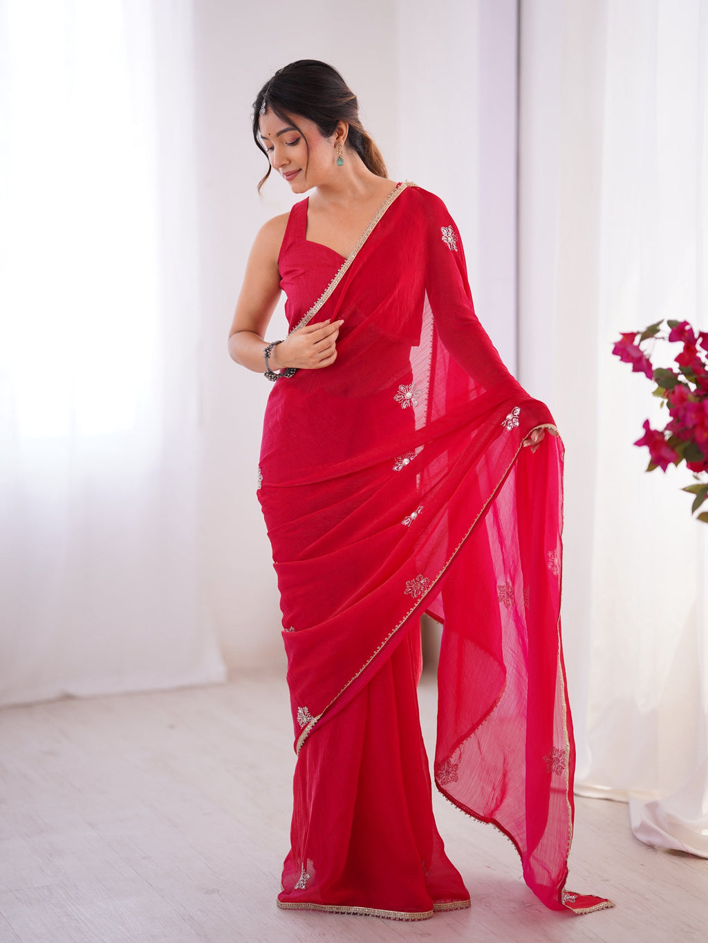Pink Soft Fendy Embroidered Designer Saree with Moti Work