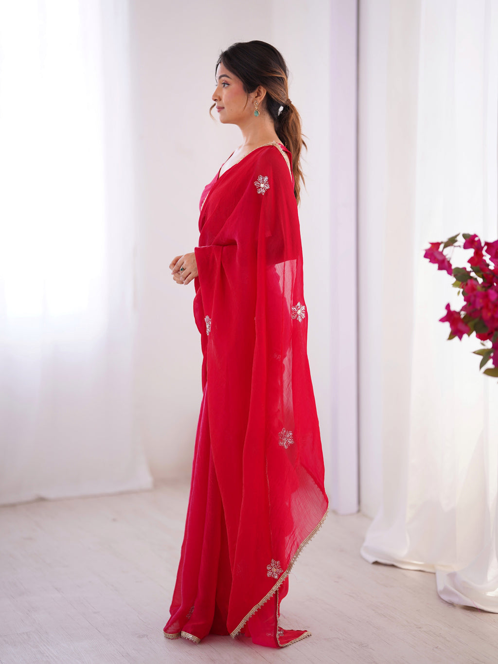 Pink Soft Fendy Embroidered Designer Saree with Moti Work