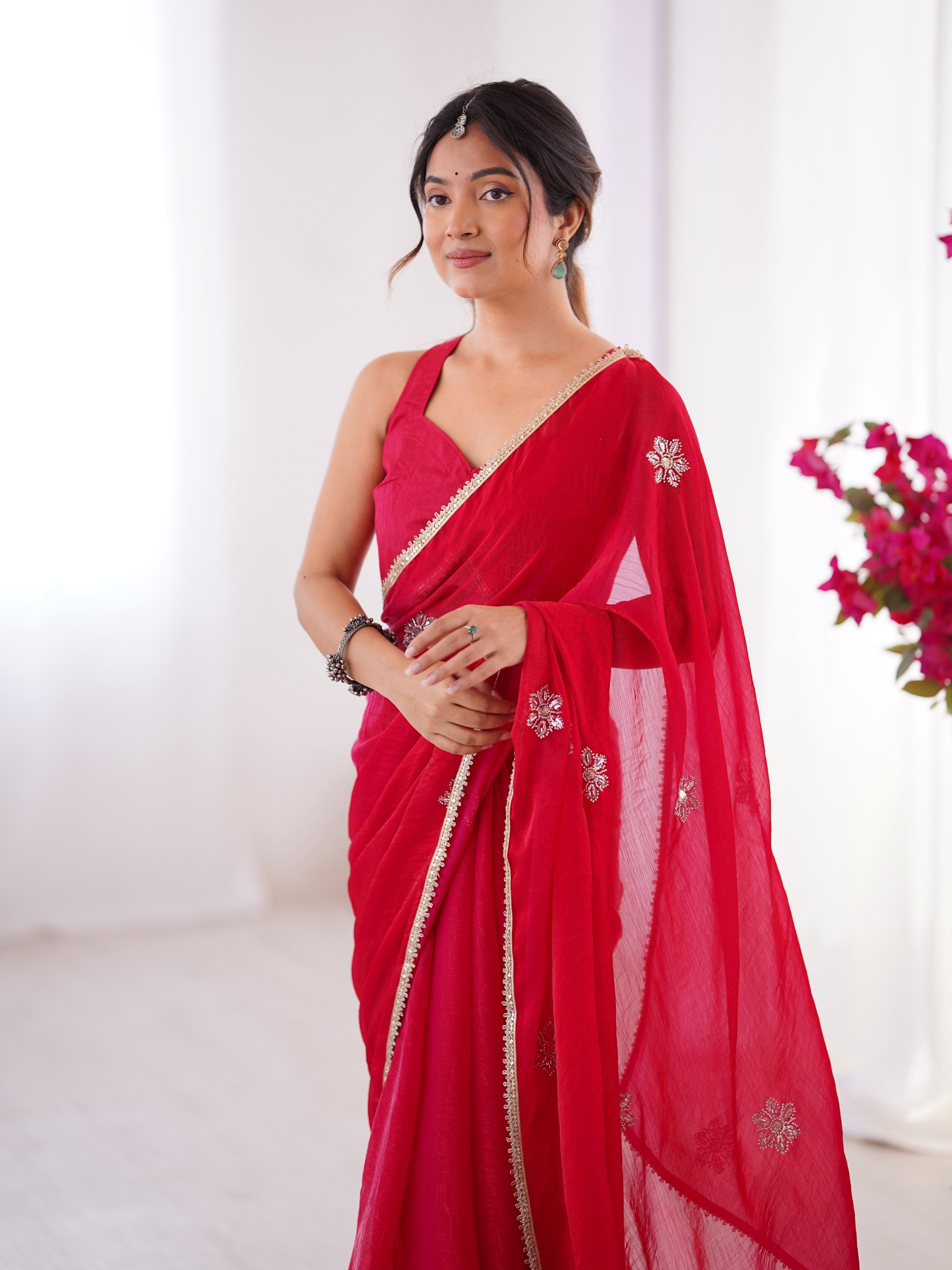Pink Soft Fendy Embroidered Designer Saree with Moti Work