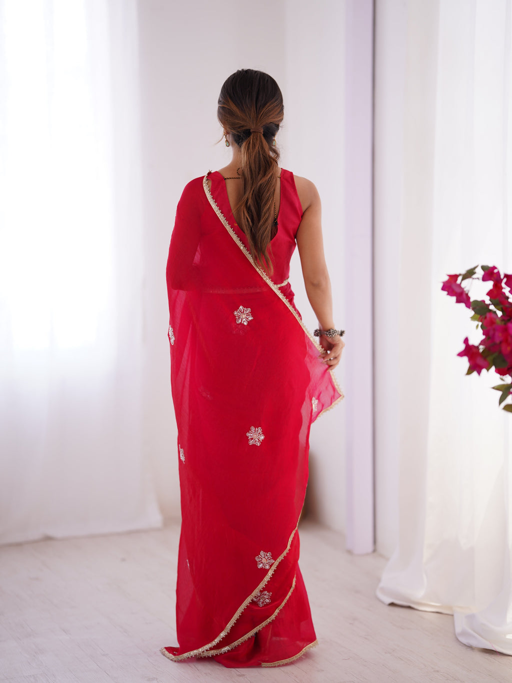Pink Soft Fendy Embroidered Designer Saree with Moti Work