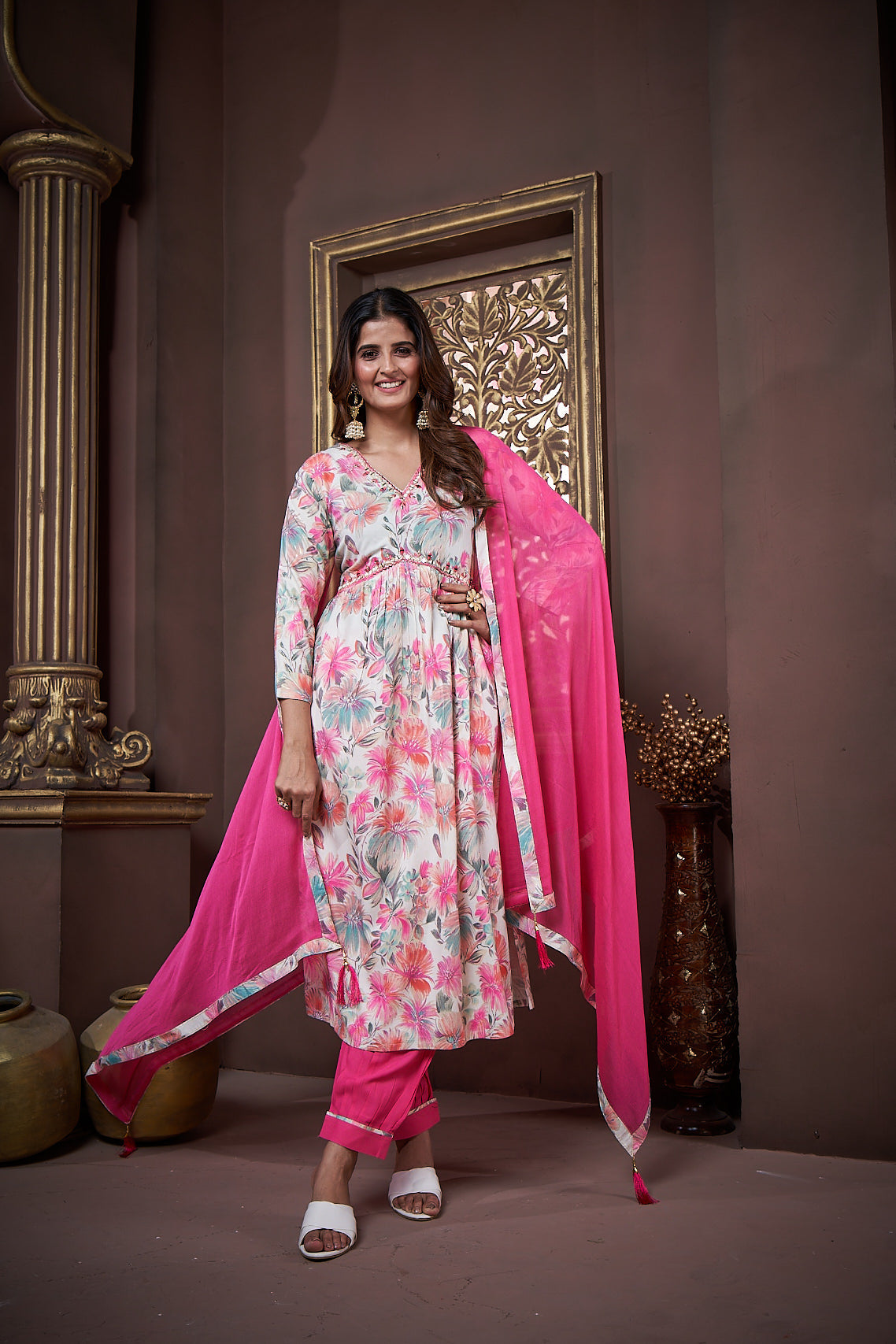 Women's Pink Rayon Floral Print Kurta Set with Handwork Dupatta