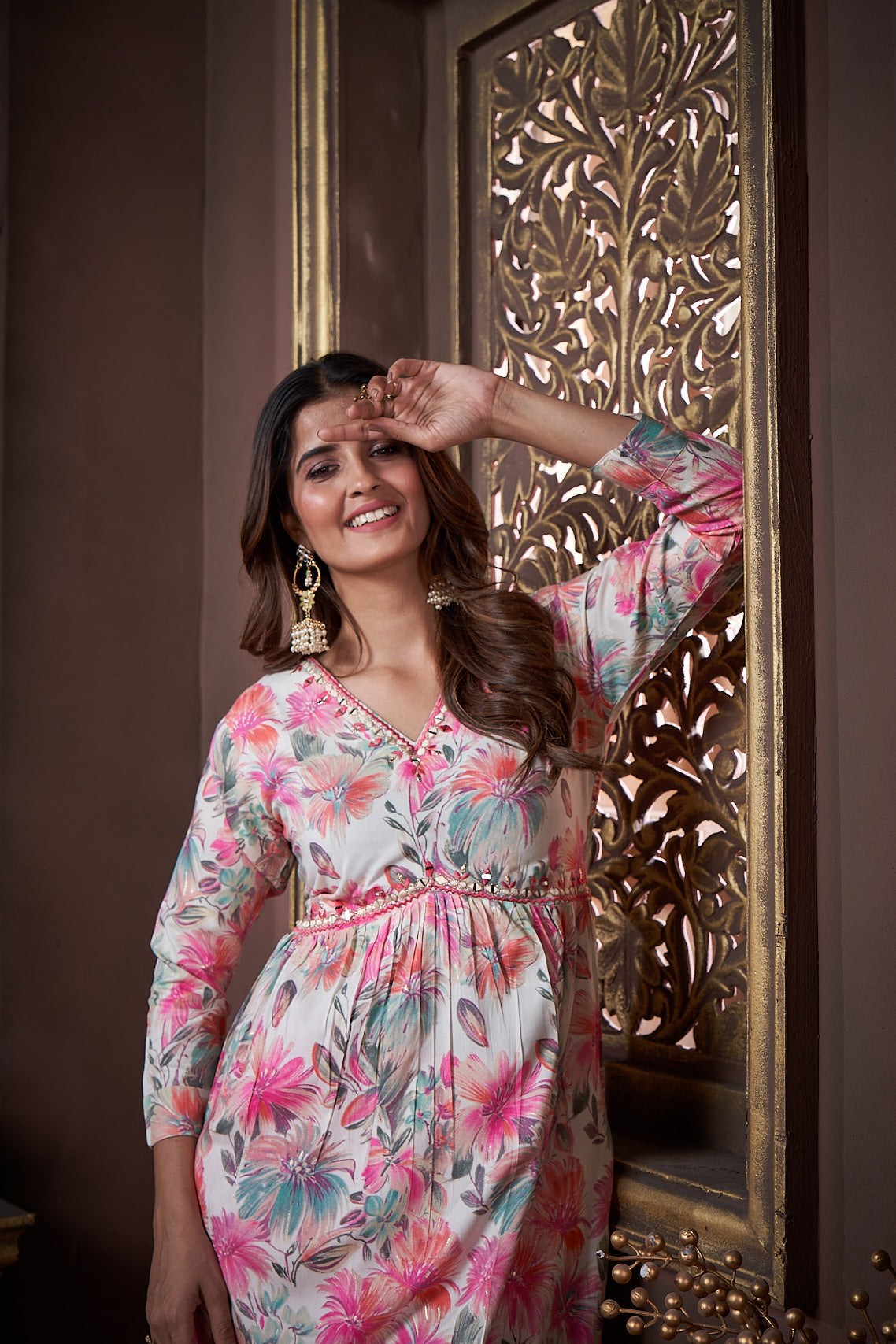 Women's Pink Rayon Floral Print Kurta Set with Handwork Dupatta