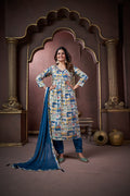 Navy blue floral print rayon kurta set with detailed handwork and dupatta