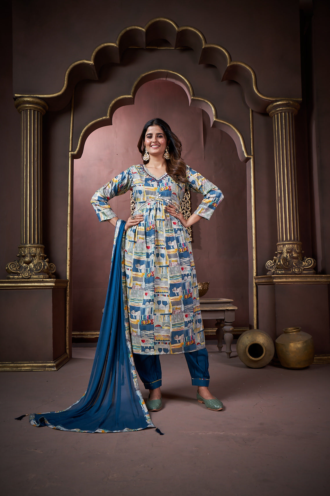 Navy blue floral print rayon kurta set with detailed handwork and dupatta