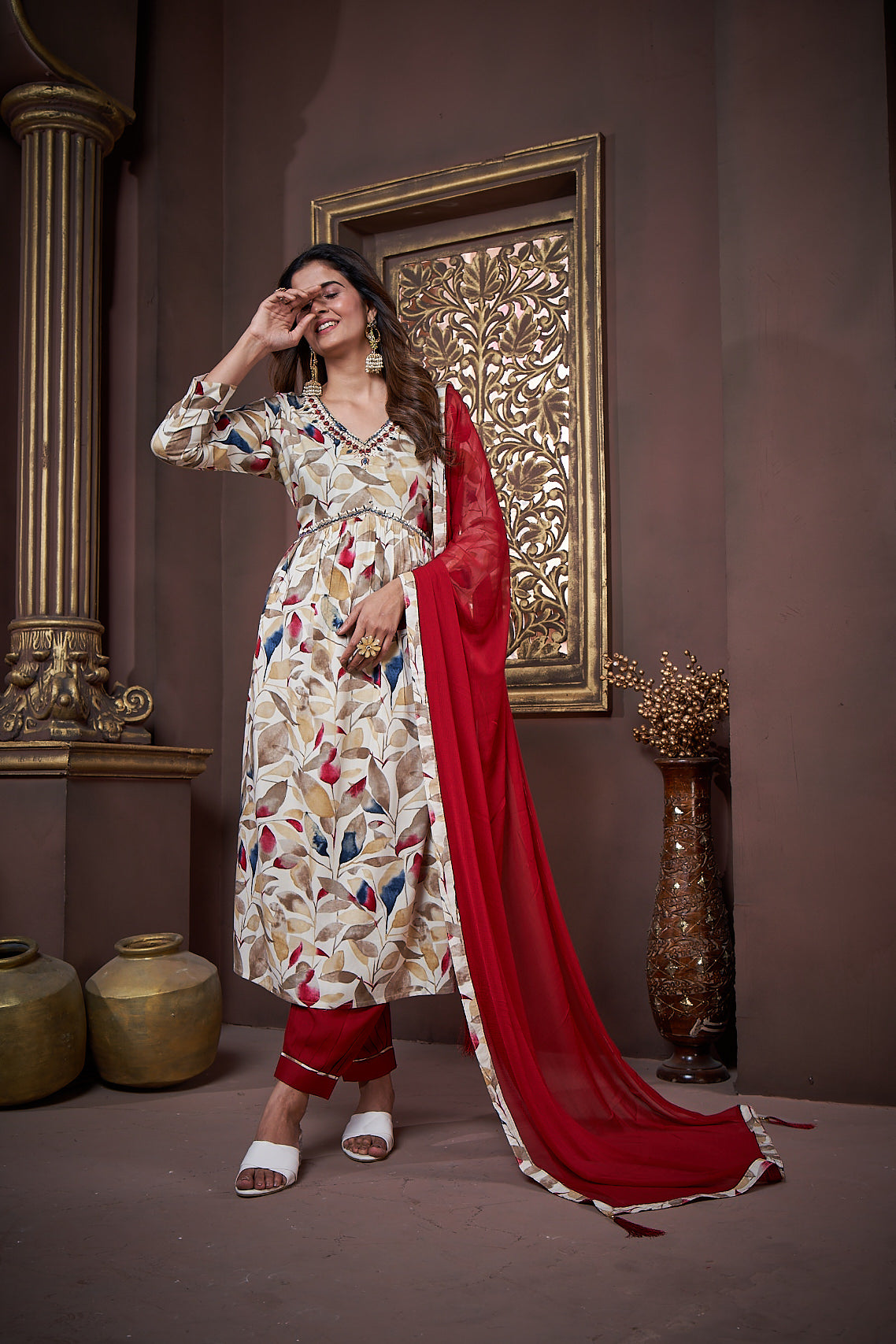 Maroon Rayon Floral Print Kurta Set with Handwork and Dupatta