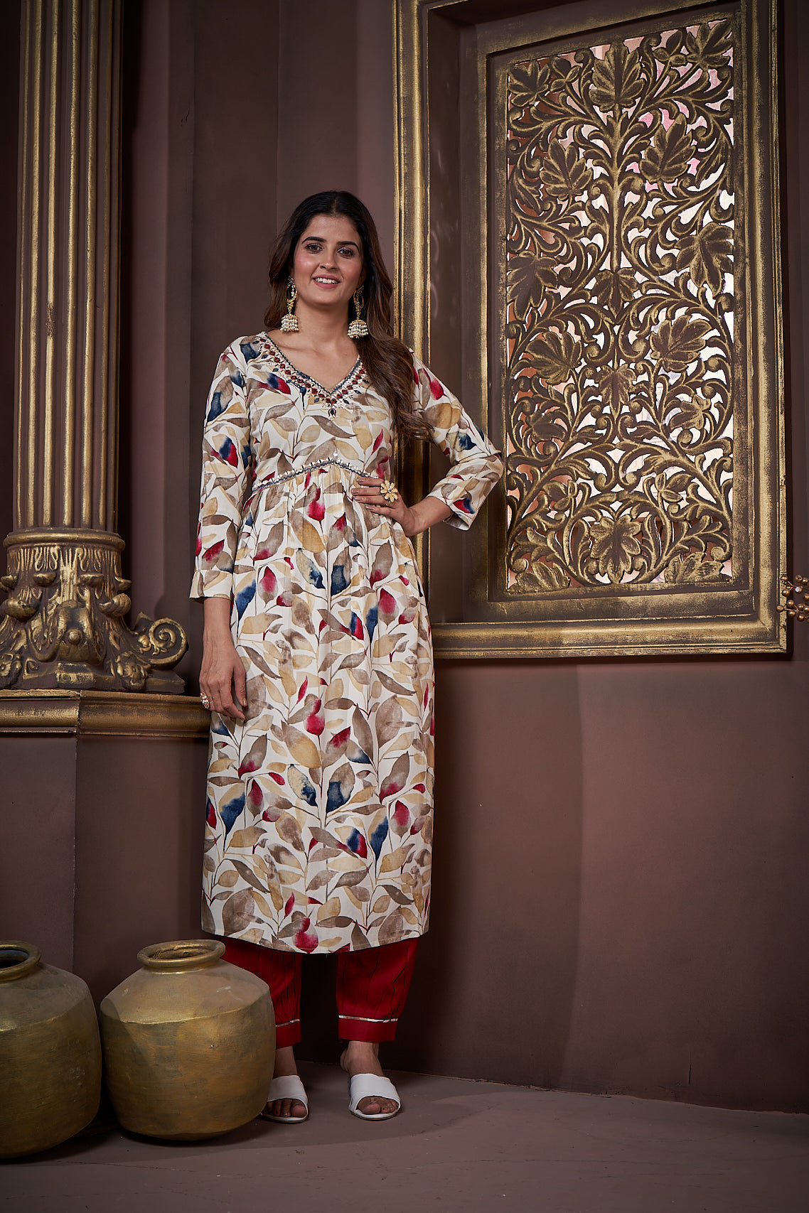 Maroon Rayon Floral Print Kurta Set with Handwork and Dupatta