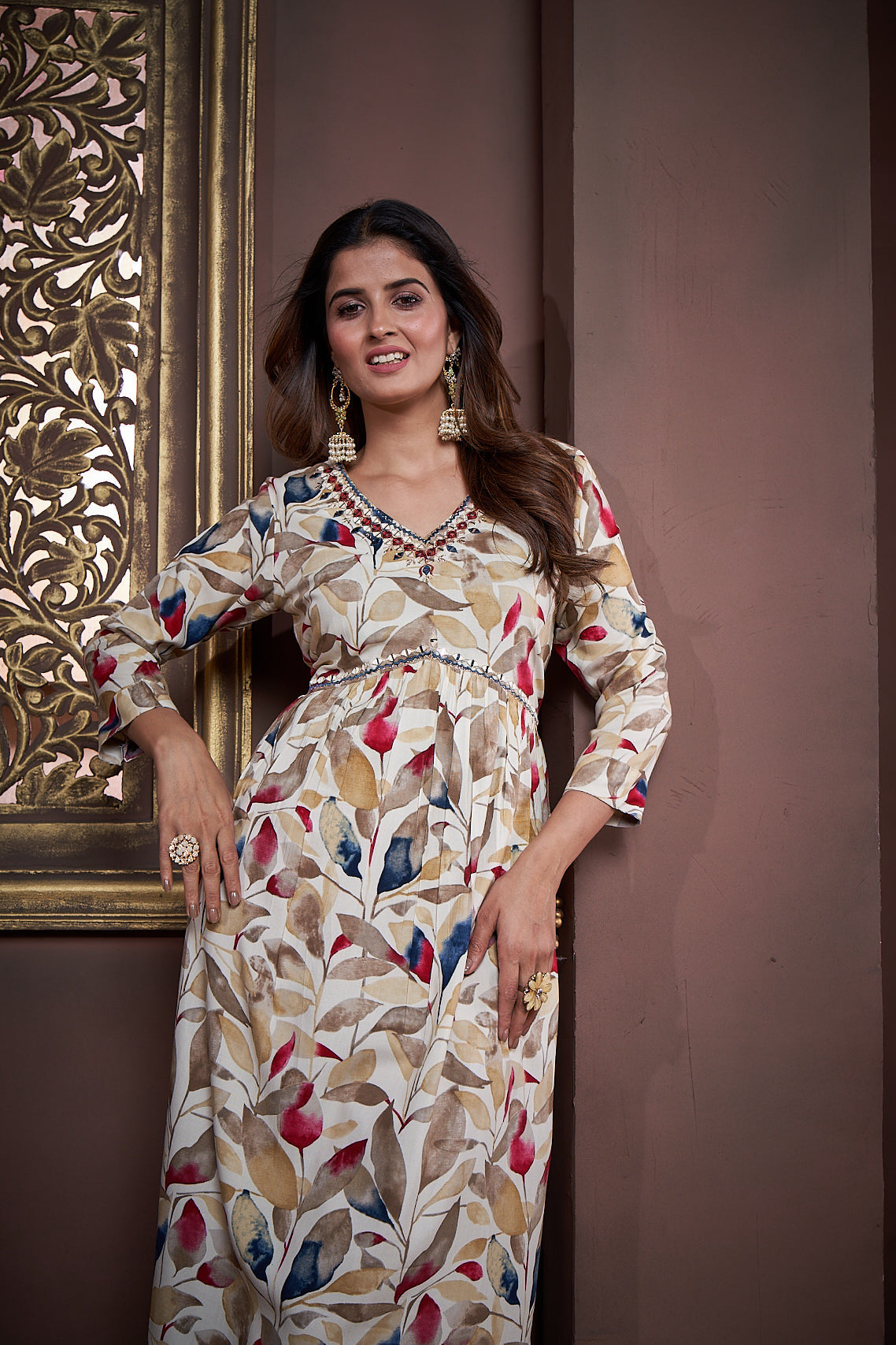Maroon Rayon Floral Print Kurta Set with Handwork and Dupatta