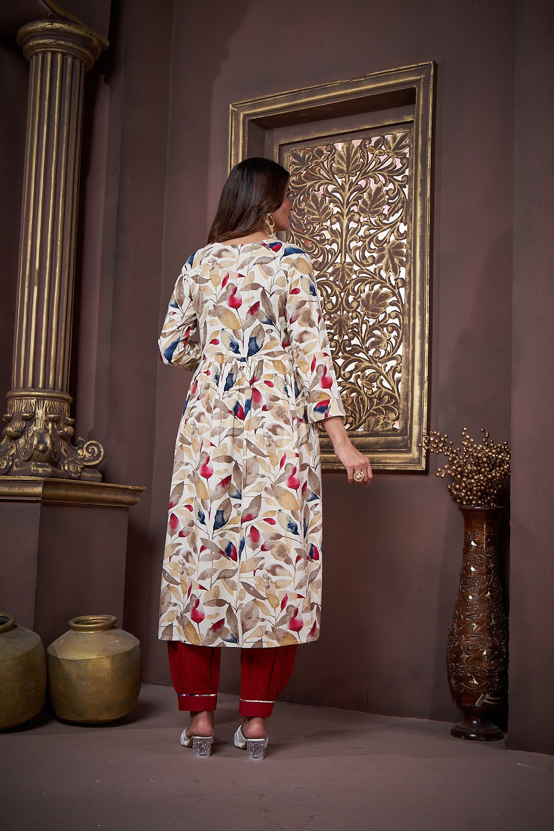Maroon Rayon Floral Print Kurta Set with Handwork and Dupatta