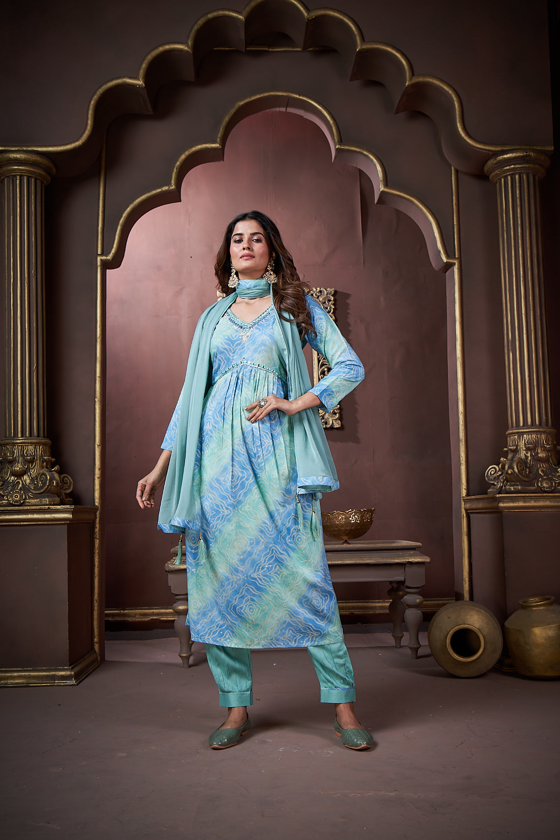 Sky Blue Rayon Floral Print Designer Kurta Set with Dupatta