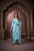 Woman wearing a sky blue floral print rayon kurta set with handwork and a matching dupatta