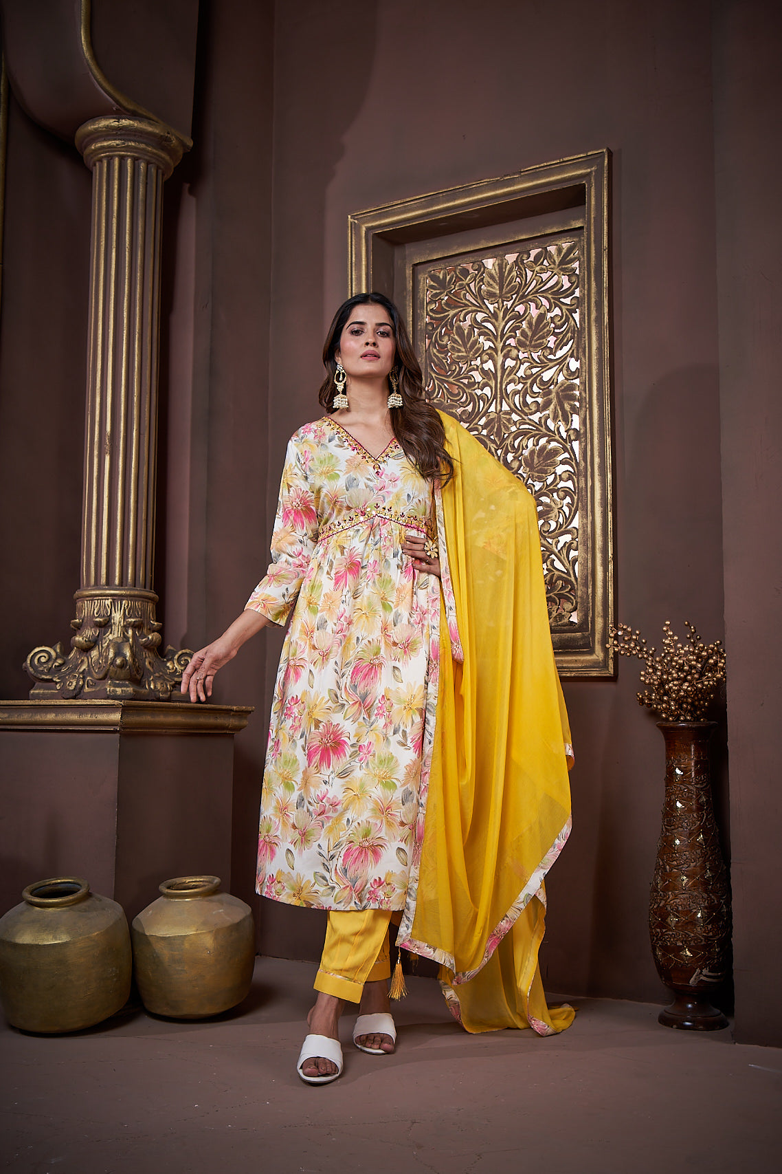 Women's Yellow Floral Rayon Designer Kurta Set with Dupatta