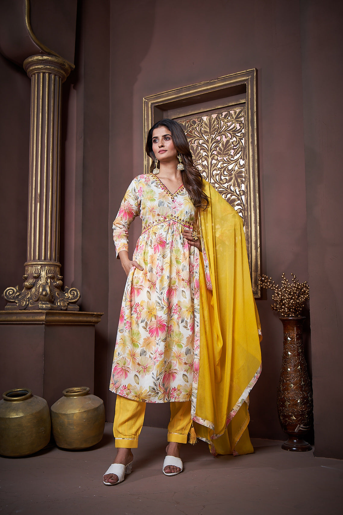Women's Yellow Floral Rayon Designer Kurta Set with Dupatta