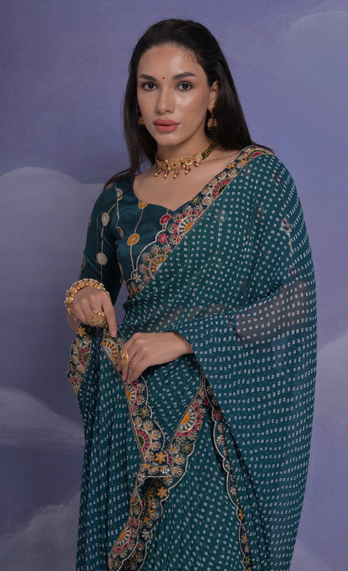 Teal Multi-color Coding Sequence Georgette Saree with Blouse