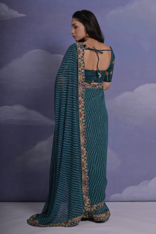 Teal Multi-color Coding Sequence Georgette Saree with Blouse