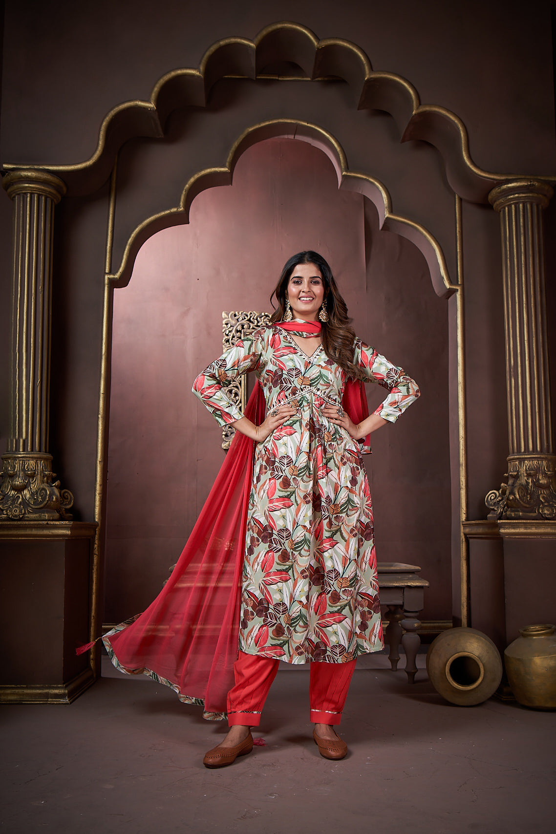 Red Rayon Floral Print Kurta Set with Handwork and Dupatta