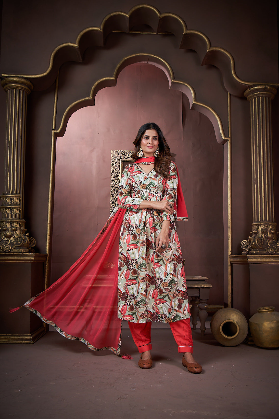 Red Rayon Floral Print Kurta Set with Handwork and Dupatta
