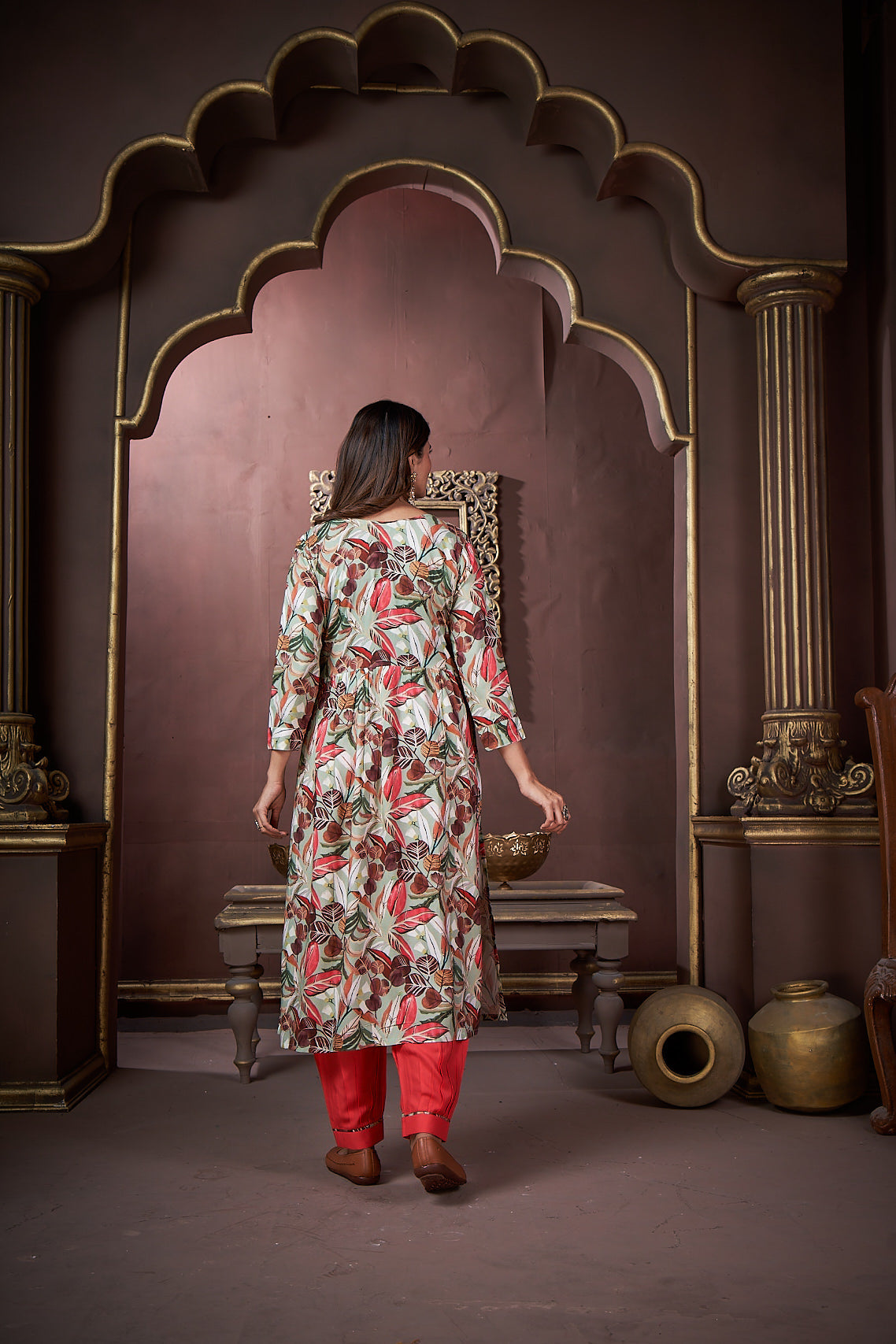 Red Rayon Floral Print Kurta Set with Handwork and Dupatta
