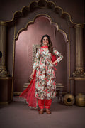 Women's Red Rayon Floral Print Kurta Set with Handwork Dupatta