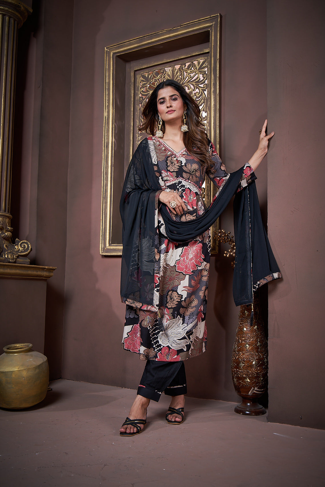 Women's Black Rayon Floral Print Kurta Set with Handwork Dupatta