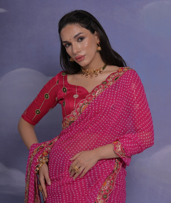 Rani Pink Georgette Saree with Multi Dhaga Coding Sequence