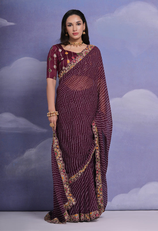 Wine Georgette Saree with Multi Dhaga Coding Sequence Work