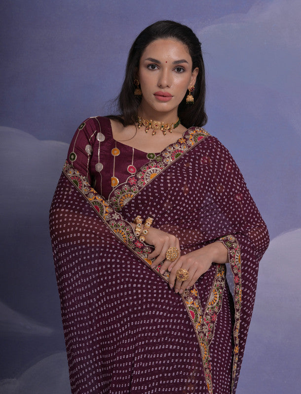 Wine Georgette Saree with Multi Dhaga Coding Sequence Work